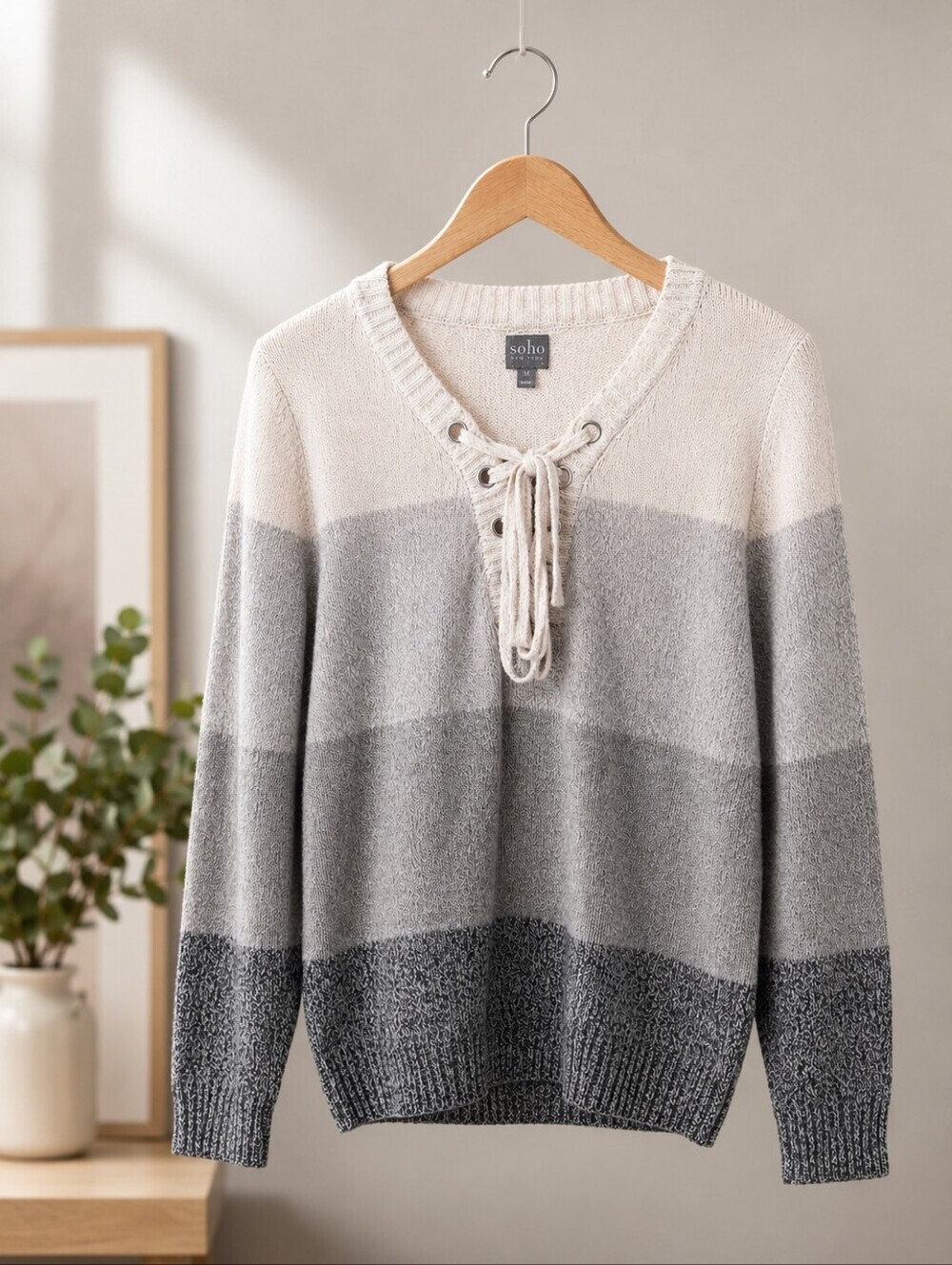New York & Company Women's  Lace-Up Color Block Sweater Medium Gray Cream